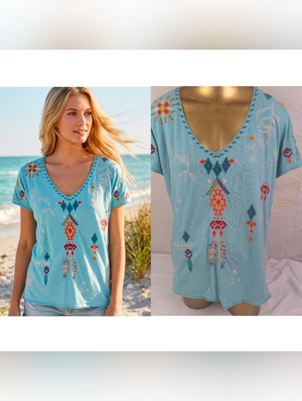 Johnny Was Light Blue Blouse With Southwestern Embroidery Front & Back Medium